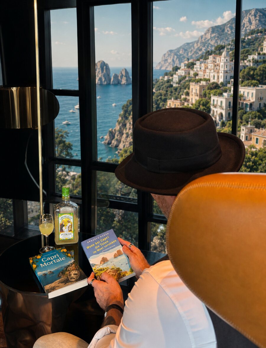 Ernesto Rosso mit seinen beiden Capri-Krimis vor der Kulisse der Faraglioni-Felsen